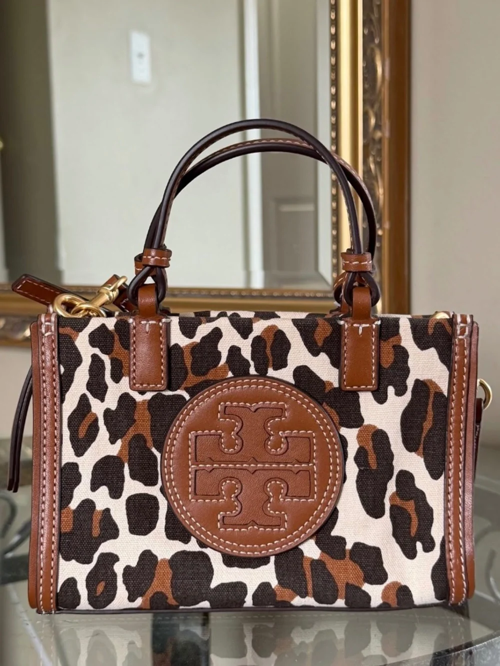Tory Burch Leopard Print Leather-Trim Crossbody in Brown and Cream